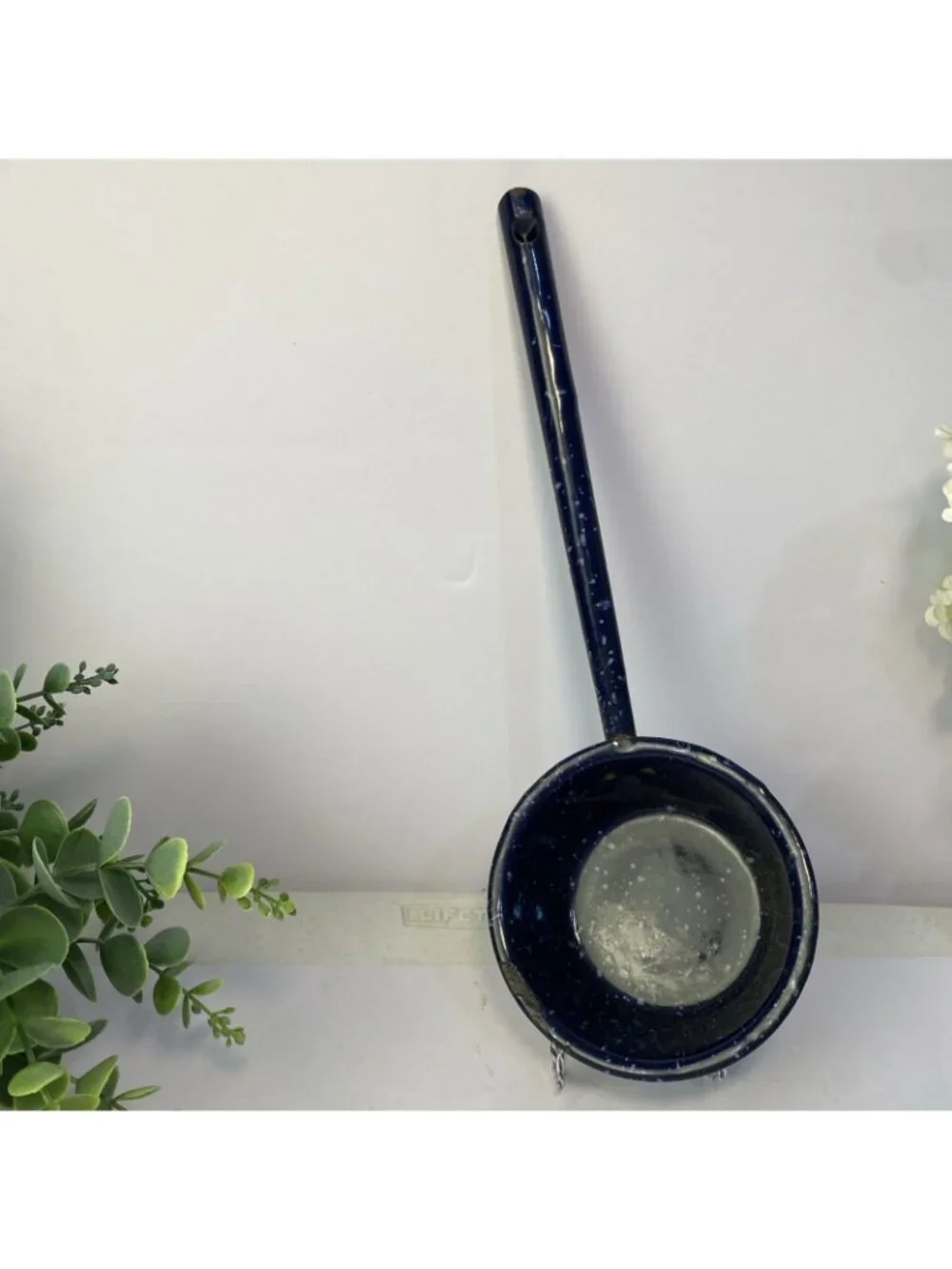 Vintage Blue Speckled Enamelware Farmhouse Dipper Ladle Decor Flat Bottom